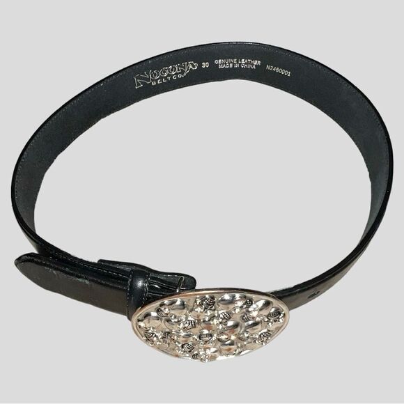 Nocona black leather belt with silver metal skull design!! New main image 4